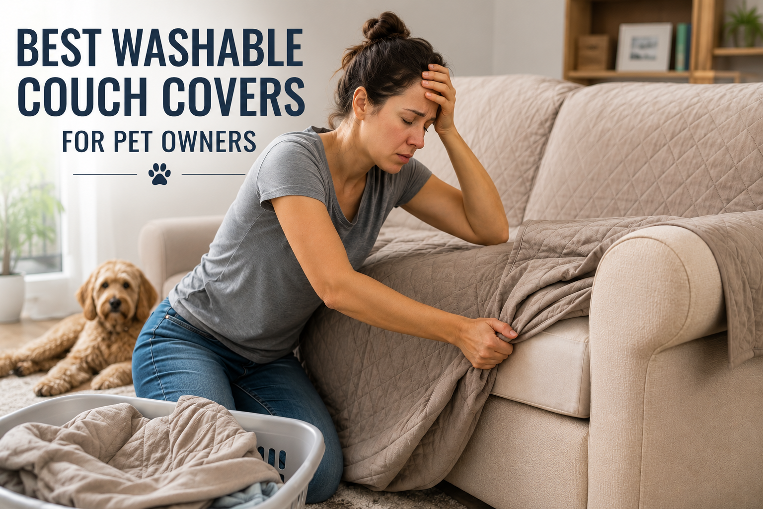 Tired pet owner struggling to adjust a washable couch cover while protecting furniture from pet hair, scratches, and everyday wear.