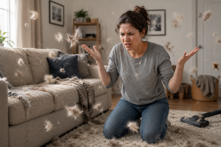 Frustrated pet owner surrounded by pet hair on a couch and living room carpet while trying to keep her home clean.