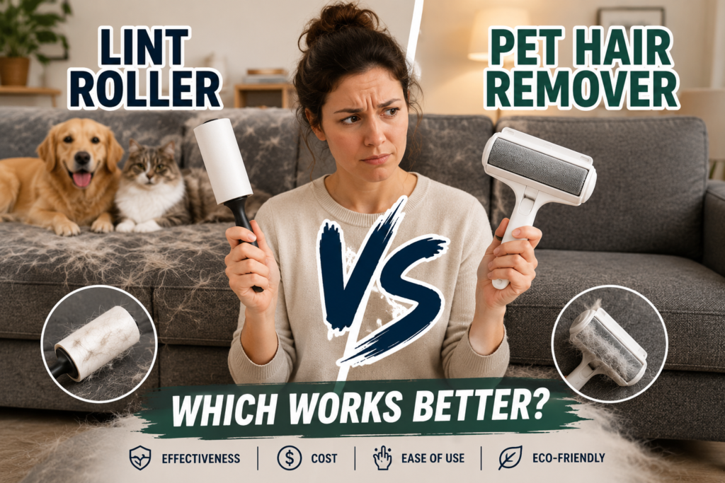 Reusable pet hair remover vs lint roller comparison showing pet hair removal tools for couches, furniture, and carpets