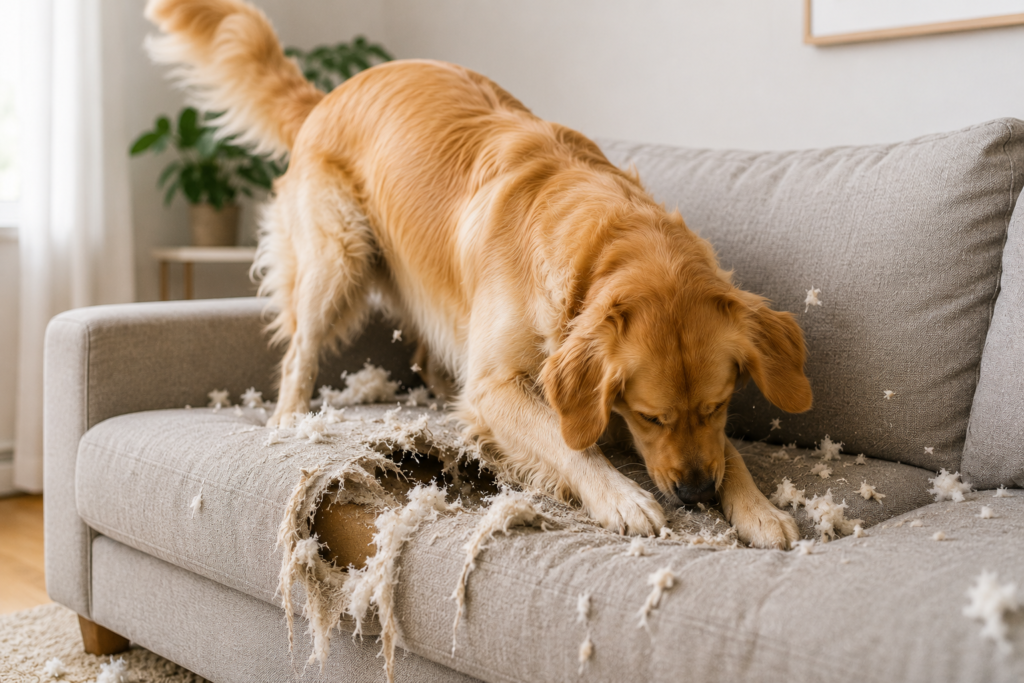 Golden retriever digging into a sofa cushion and damaging the couch indoors