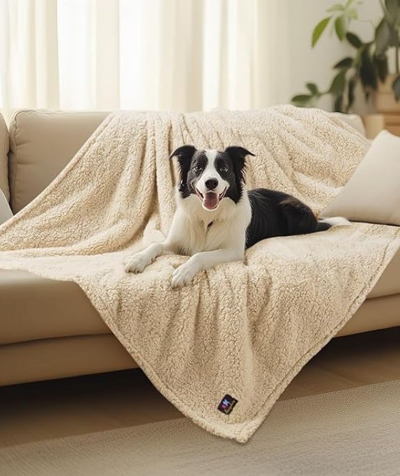 Washable waterproof pet blanket on a couch helps reduce pet odor, pet hair, and furniture stains