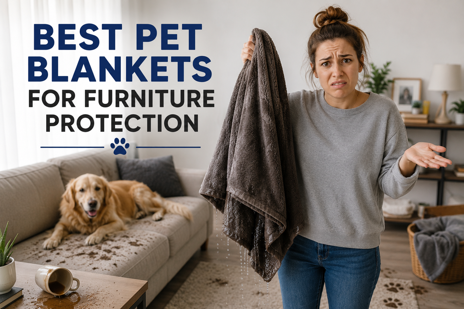 Frustrated pet owner holding a wet pet blanket in a living room while dealing with furniture protection and pet-related messes.