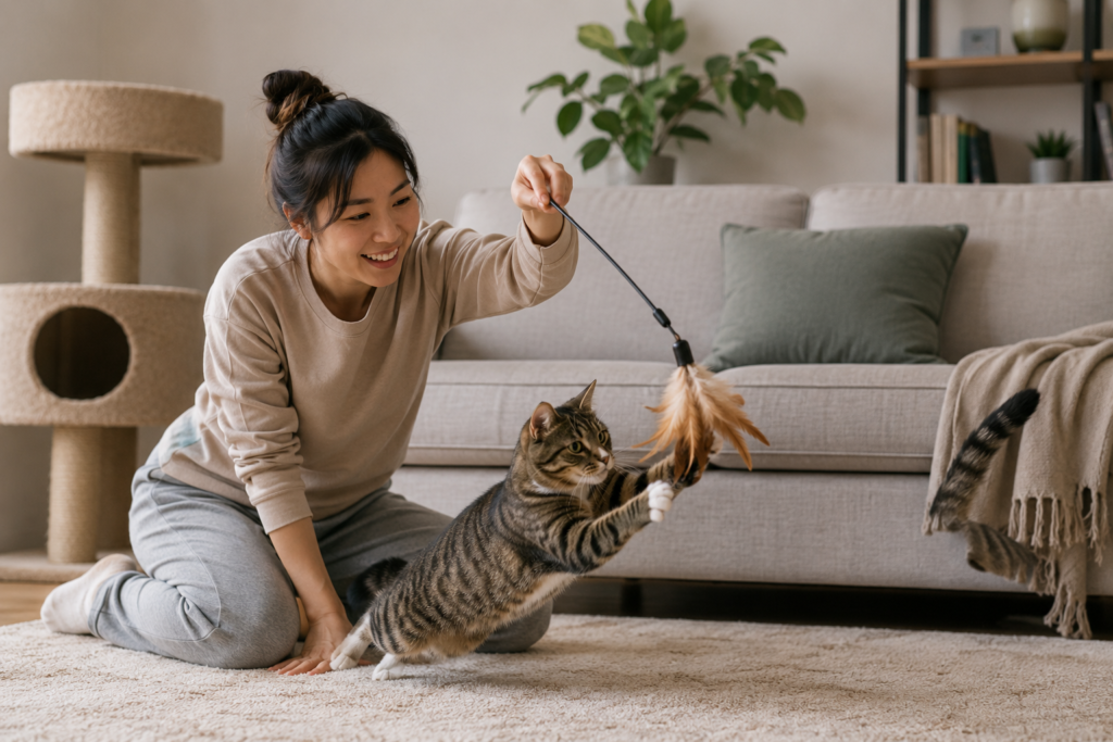 A woman playing with her cat using a feather wand toy in a cozy living room, showing daily playtime as a way to reduce cat stress and boredom.