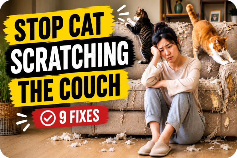 A frustrated woman sitting in front of a heavily scratched couch while two cats claw the sofa, with bold text about stopping cat scratching and fixing couch damage.