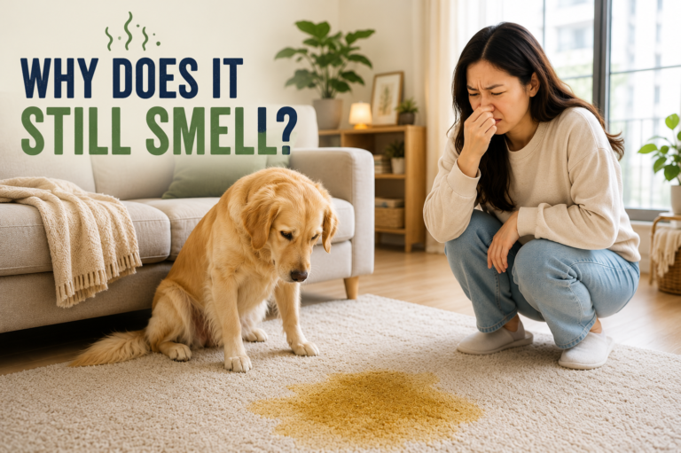 Why your home still smells like pets despite cleaning, showing pet urine odor and lingering pet smell in a living room