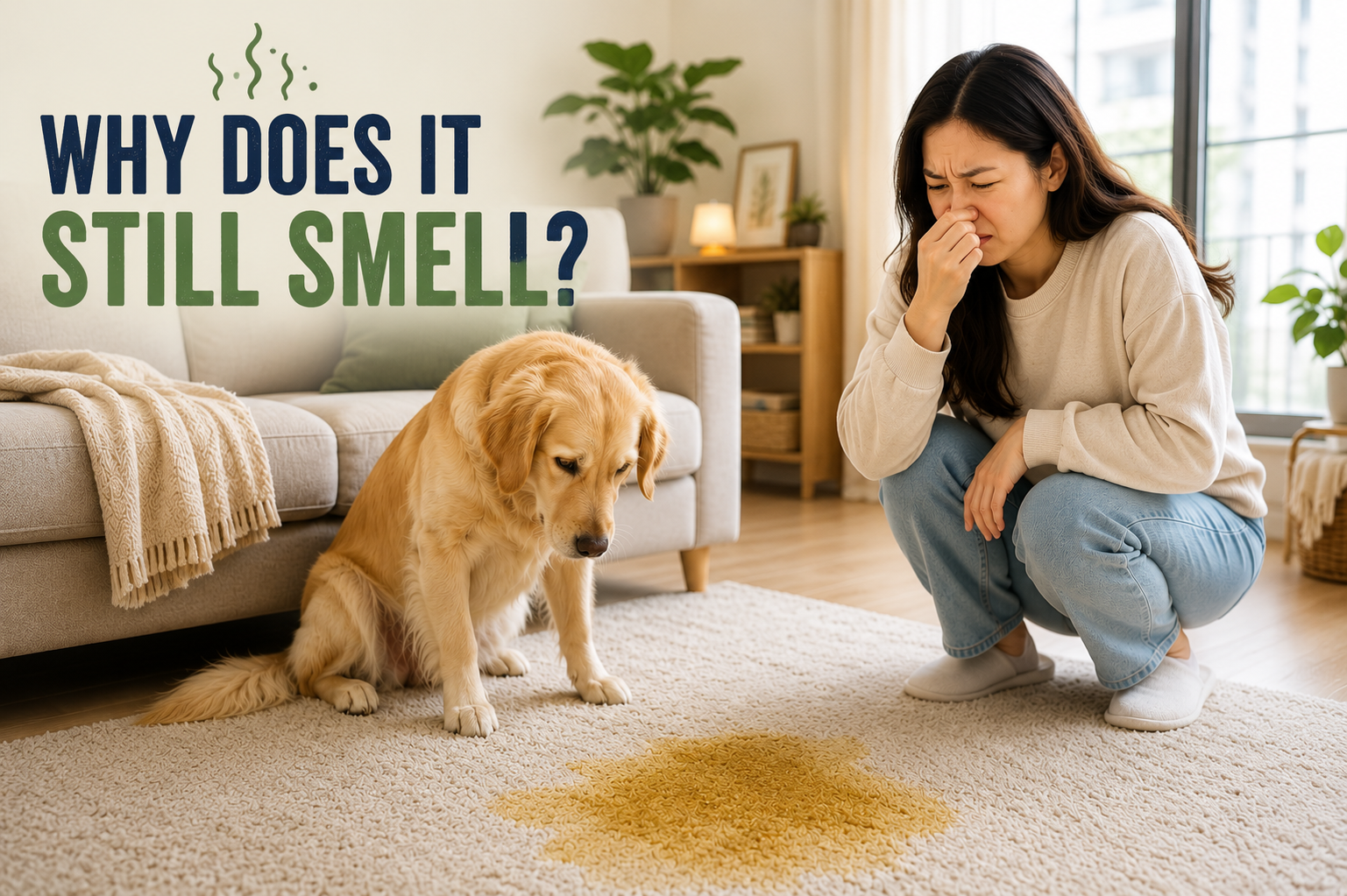 Why your home still smells like pets despite cleaning, showing pet urine odor and lingering pet smell in a living room