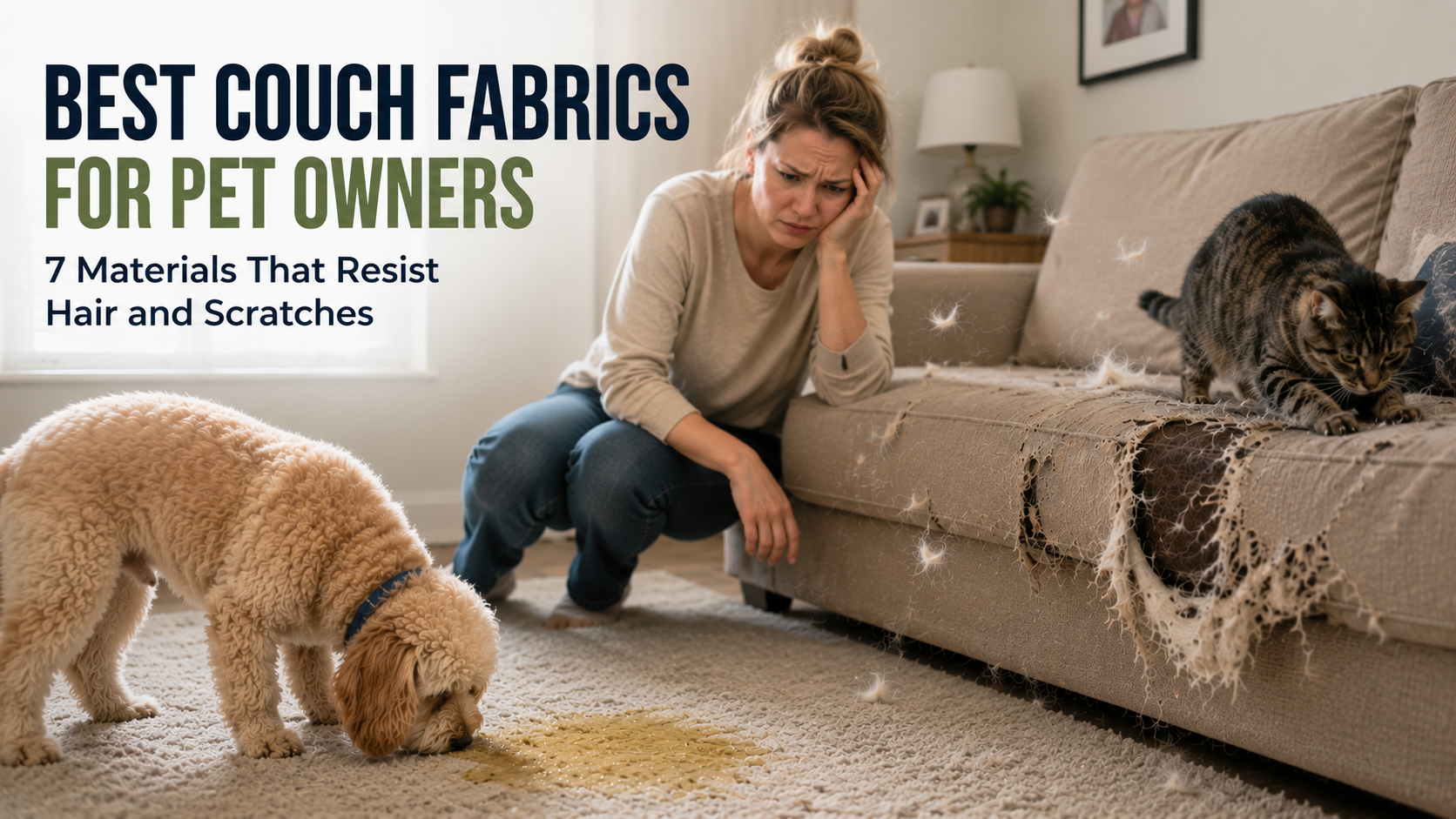Frustrated pet owner looking at a urine-stained carpet, torn couch cover, and pet hair scattered around the living room