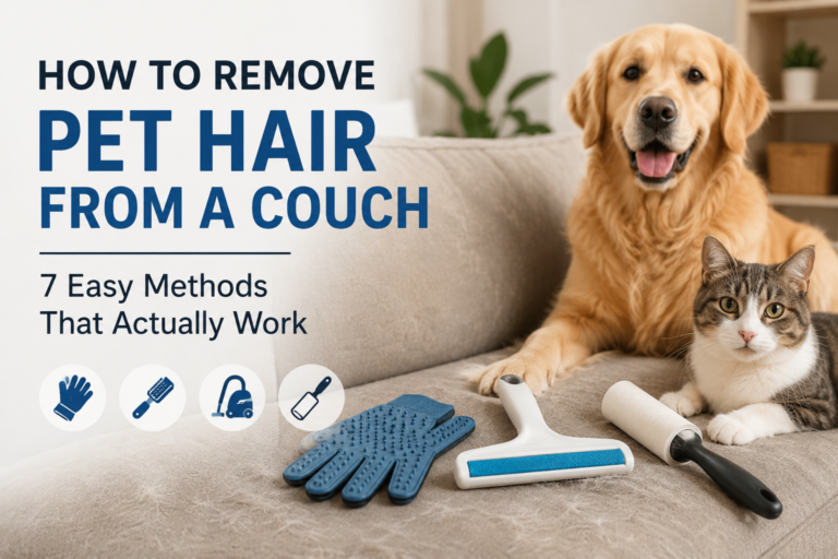 Dog and cat sitting on a couch with pet hair removal tools, illustrating how to remove pet hair from a couch using simple cleaning methods.
