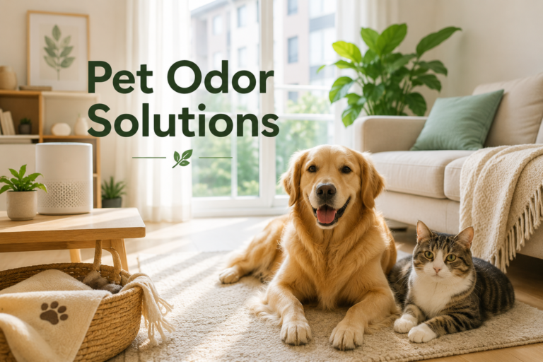 Dog and cat relaxing in a fresh-smelling small apartment living room with pet odor control solutions