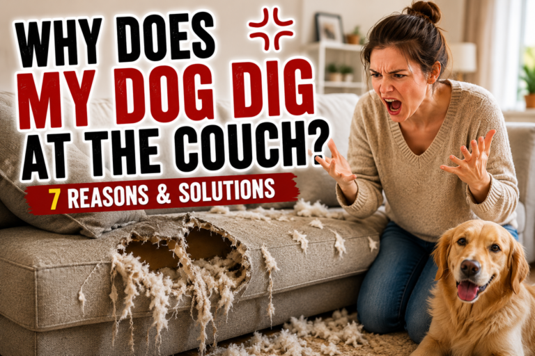 Frustrated dog owner looking at a couch damaged by a dog digging into the cushions.