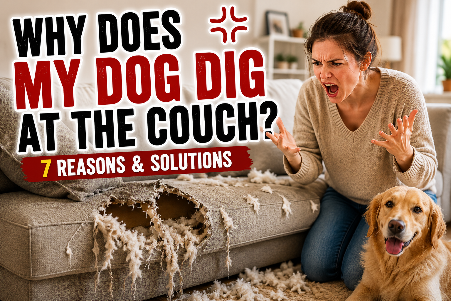 Frustrated dog owner looking at a couch damaged by a dog digging into the cushions.