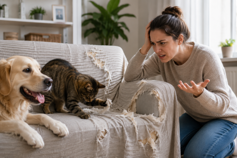 Pet owner looking at a torn couch cover damaged by dogs and cats while searching for ways to protect furniture from pets