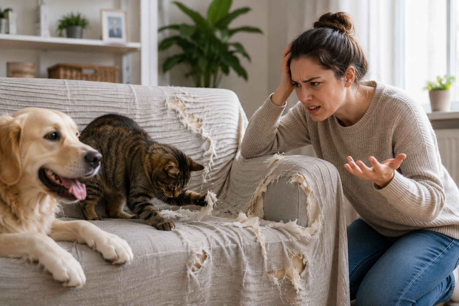 Pet owner looking at a torn couch cover damaged by dogs and cats while searching for ways to protect furniture from pets