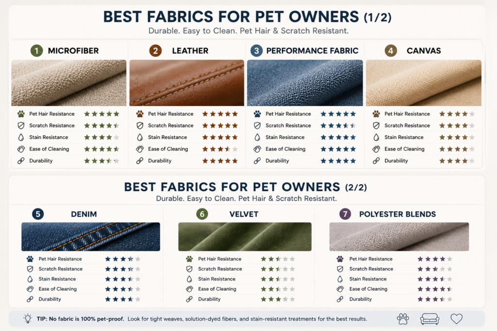 Best fabrics for pet owners comparison chart featuring microfiber, leather, performance fabric, canvas, denim, velvet, and polyester blends for pet-friendly furniture