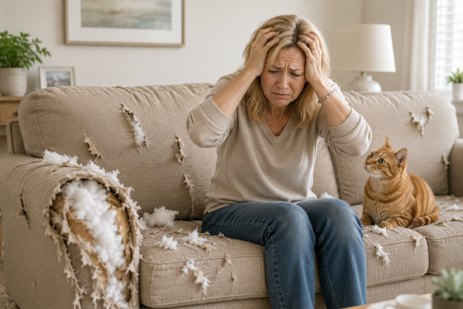 Frustrated middle-aged woman sitting on a badly scratched couch with exposed stuffing while a cat sits beside her