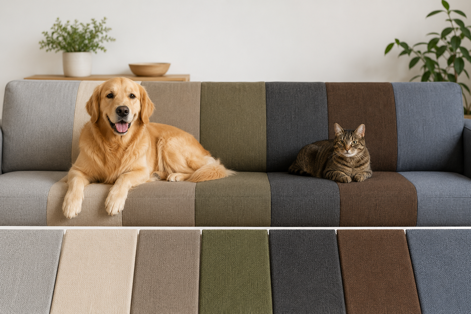 A pet-friendly living room with a dog and cat relaxing on a multi-colored sofa that showcases practical couch colors for hiding pet hair and everyday stains.