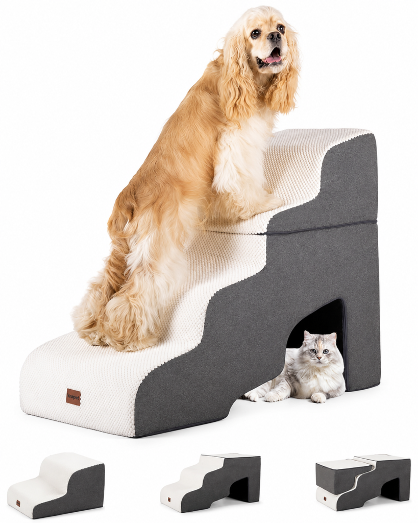 Best Pet Stairs for Couch featuring a 4-step foam staircase that helps a small dog safely climb onto a high couch while providing stable, comfortable support for everyday use.