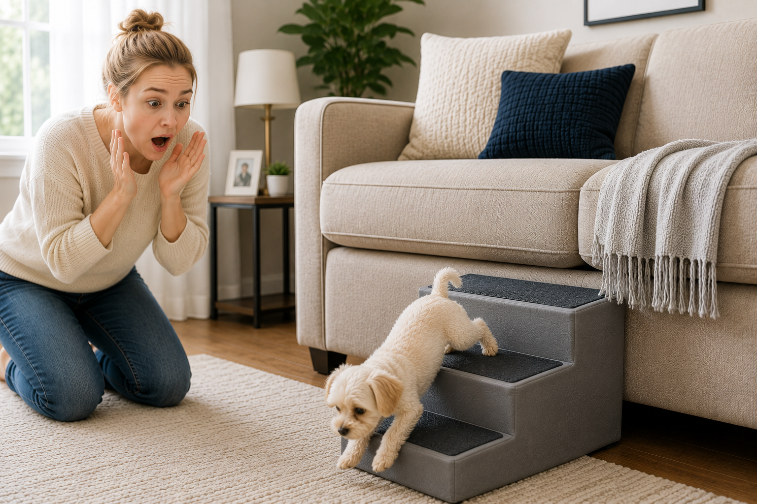 Small dog slipping on short pet stairs beside a high couch while a surprised pet owner watches, showing why choosing the best pet stairs for couch is important.