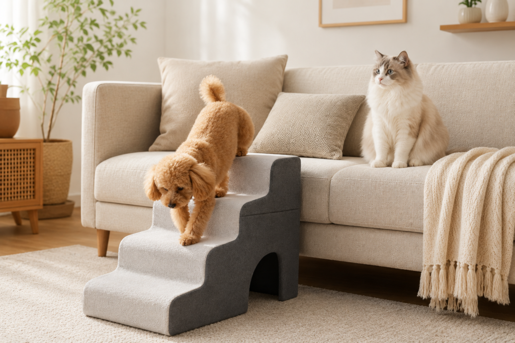 A small dog safely walking down pet stairs beside a couch while a cat sits comfortably on the sofa, demonstrating the benefits of the best pet stairs for couch use.