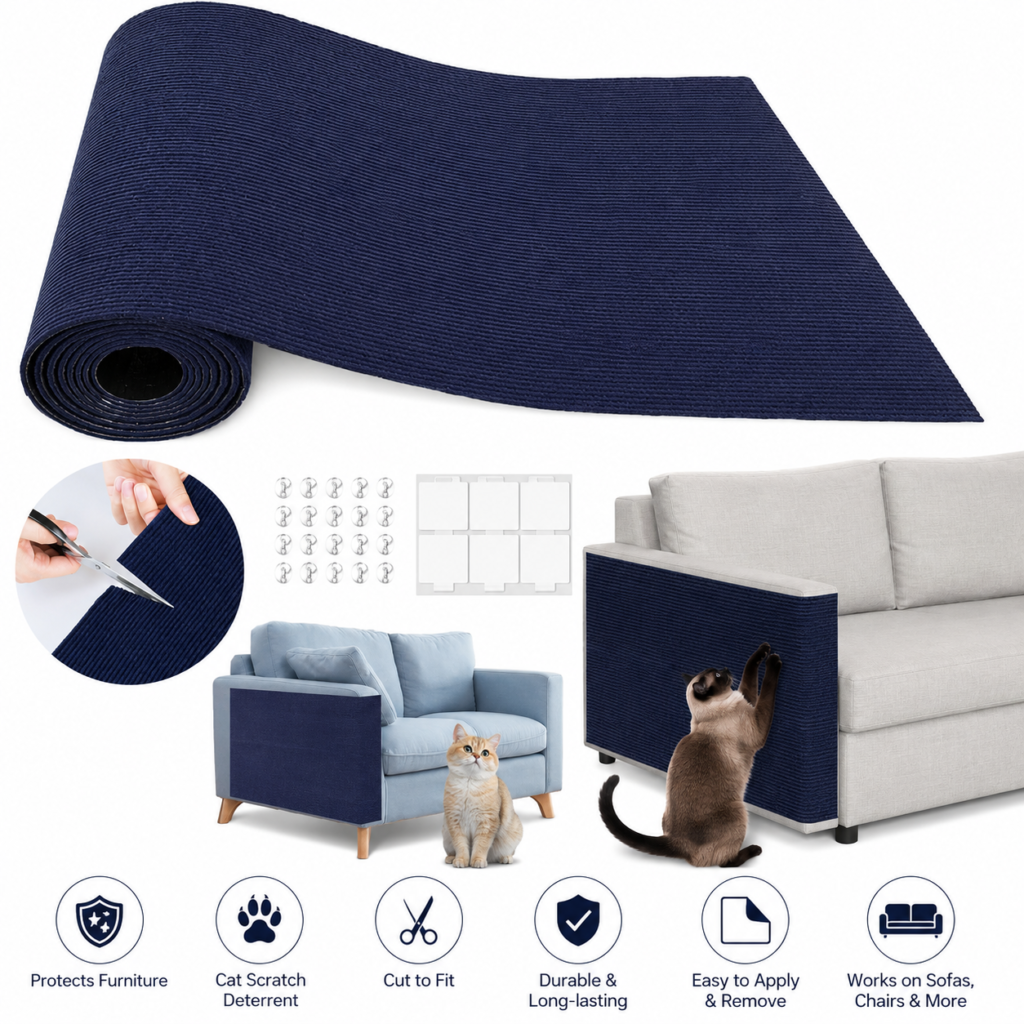 Cat scratch couch furniture protector installed on a sofa arm to help prevent damage from cat claws