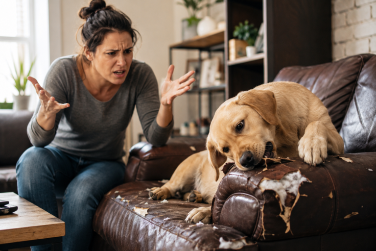 A dog chewing the armrest of a leather couch while a frustrated woman watches, showing common pet damage and why it's important to protect leather couches from pets.