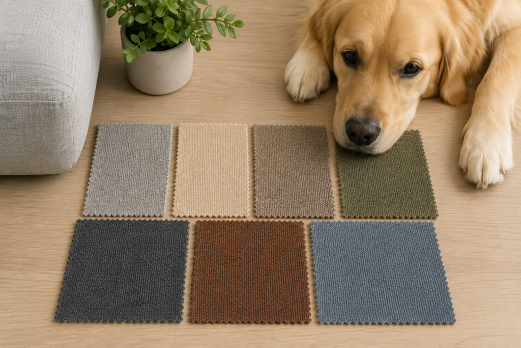 Fabric color samples in gray, beige, taupe, olive, charcoal, brown, and blue-gray next to a golden retriever, showing practical couch color options for pet-friendly homes.