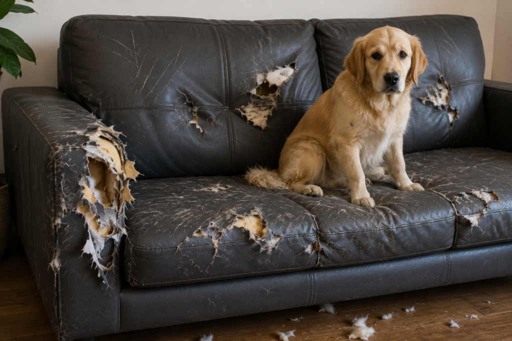 Damaged dark leather couch with scratches and torn upholstery caused by a pet