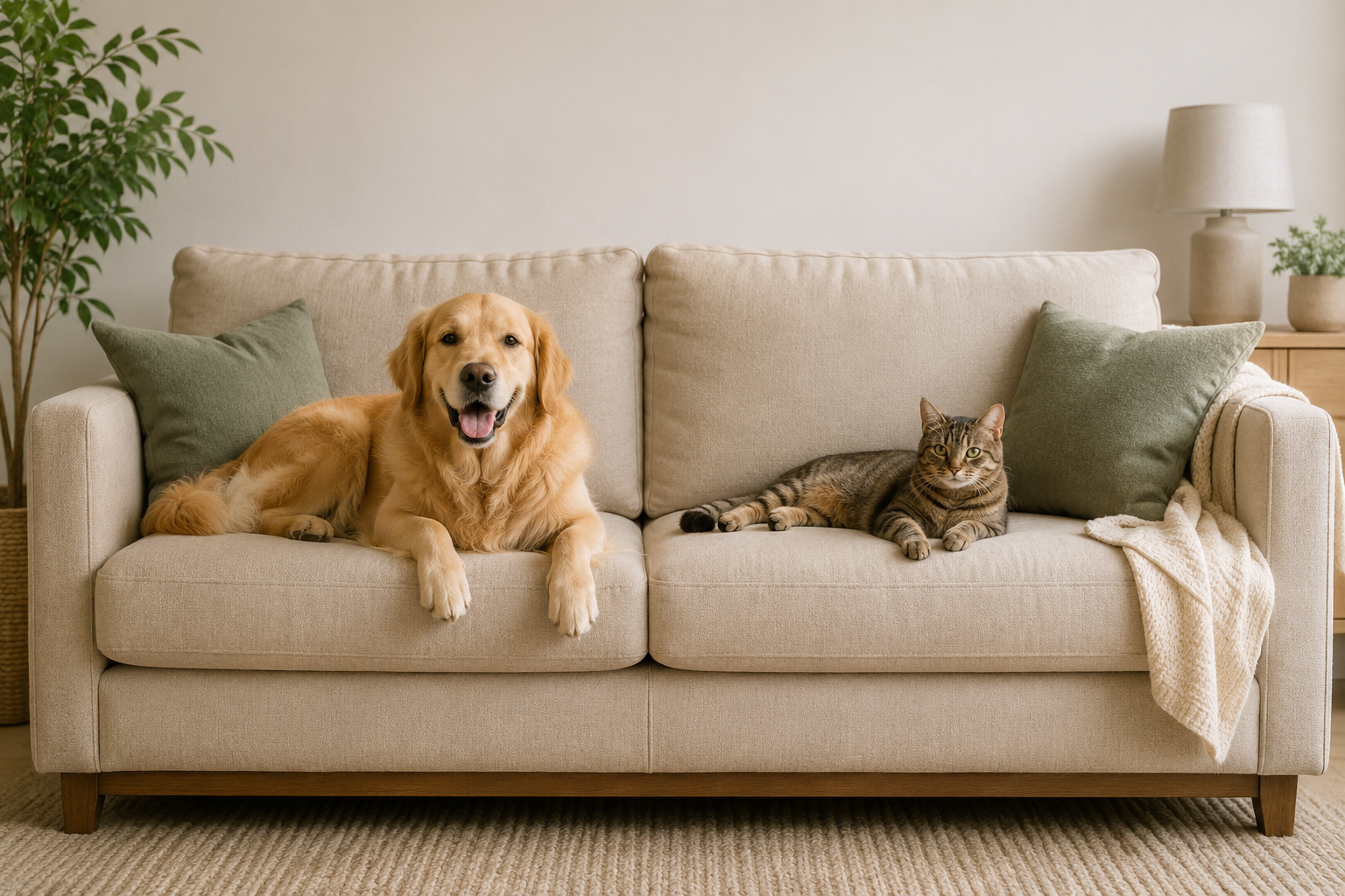 Pet-friendly couch with a dog and cat relaxing in a cozy living room